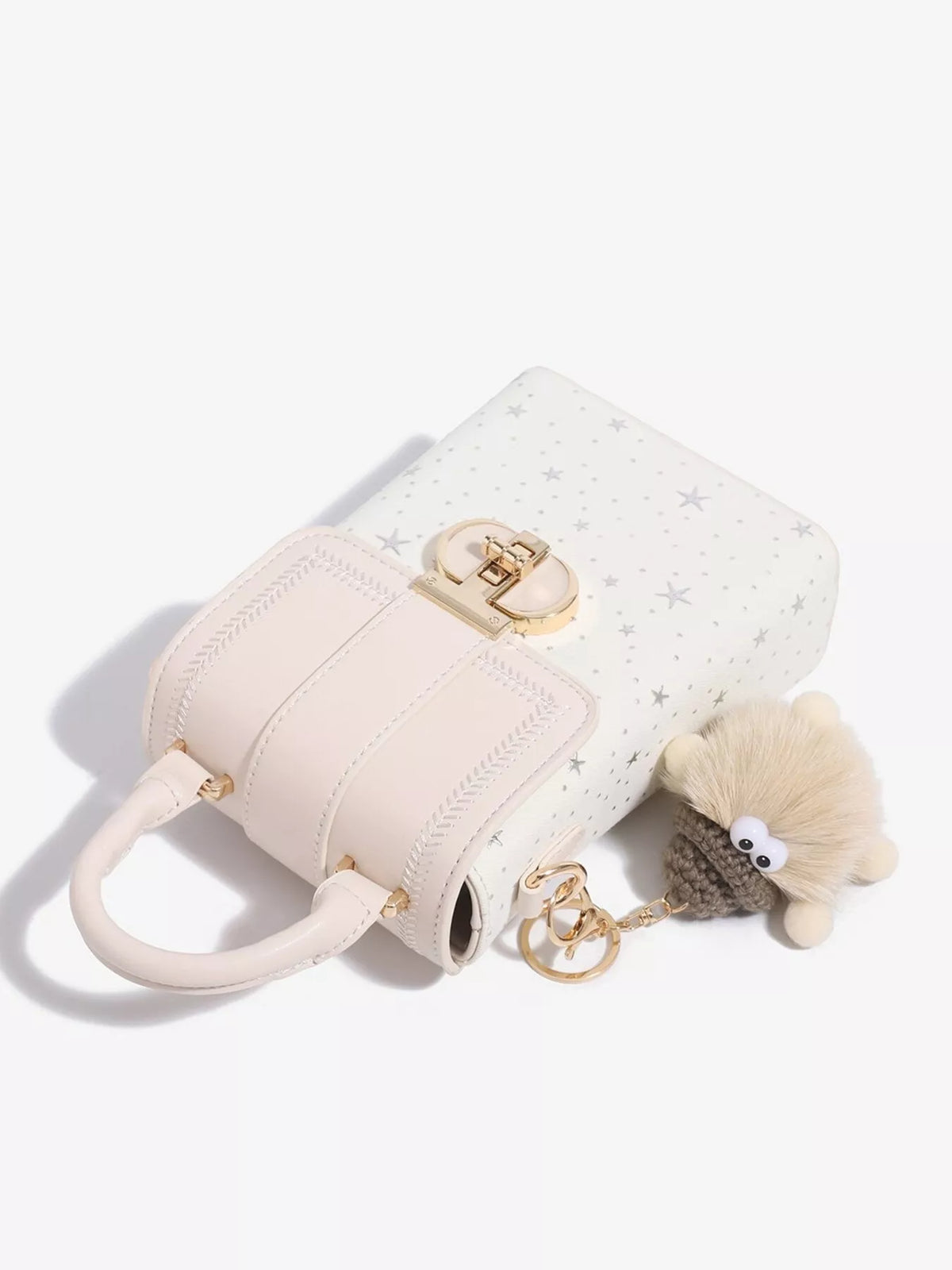 Star-Patterned Mini Crossbody Bag with Plush Charm in White, view 8