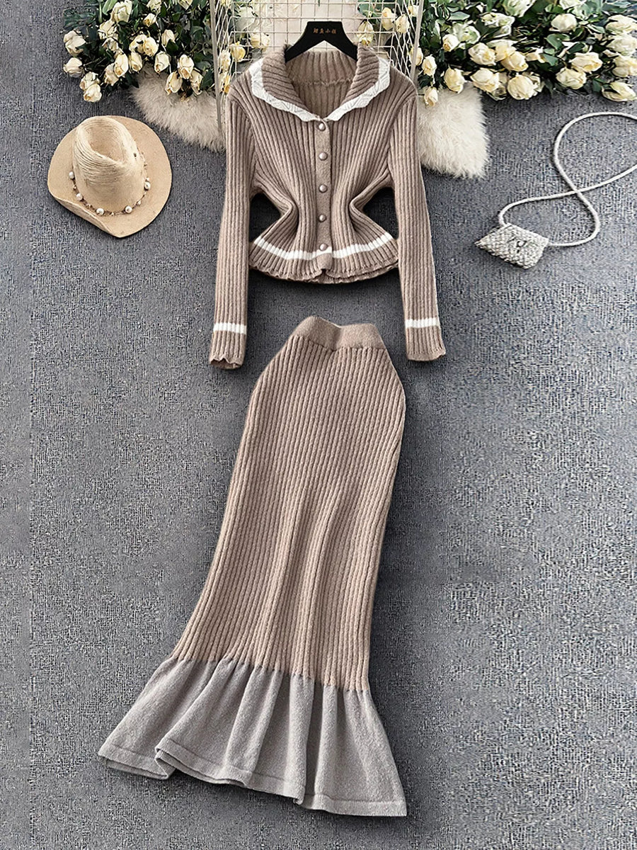 Ribbed Knit Cardigan and Skirt Sweater Set