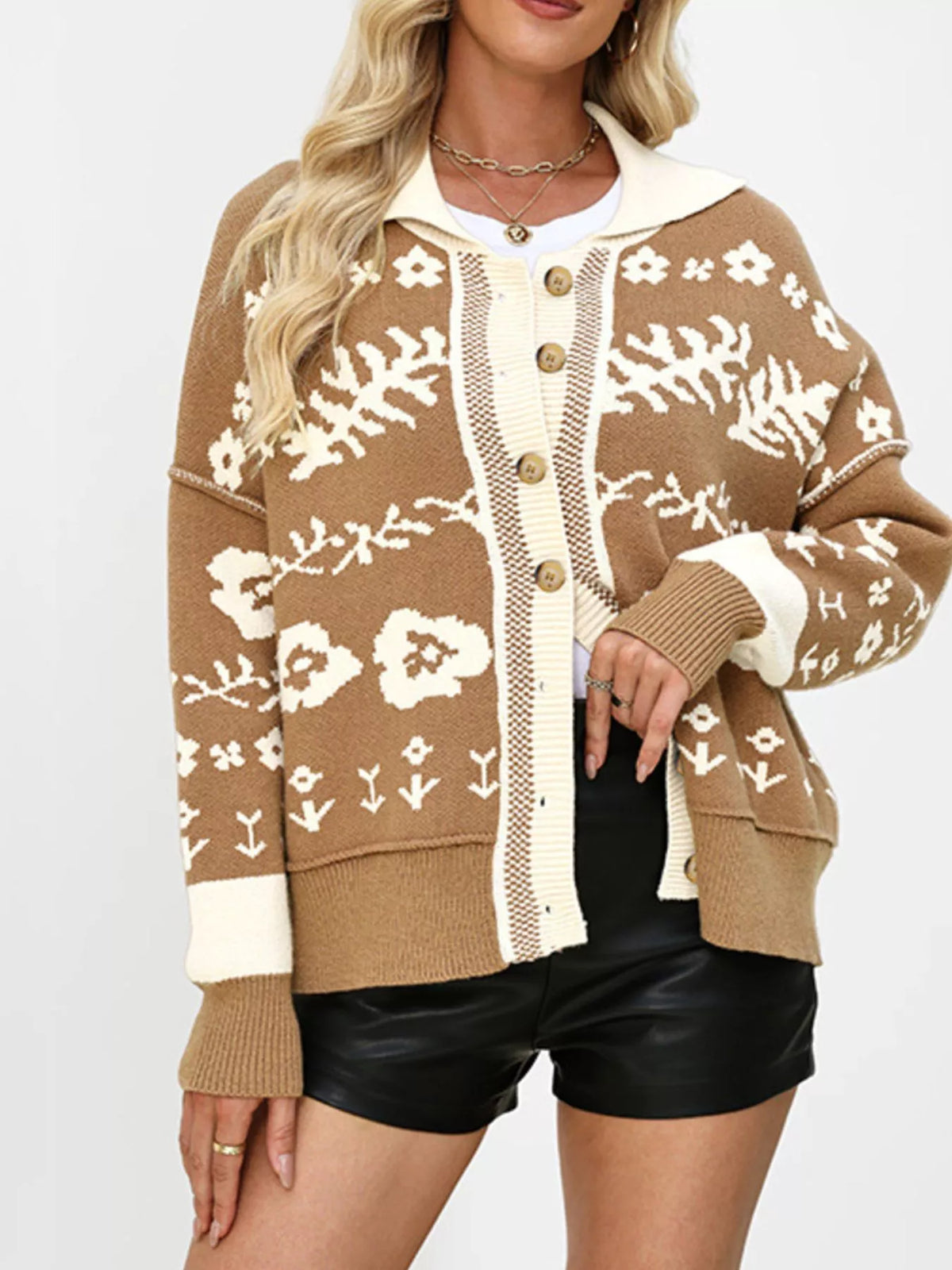 Floral Pattern Knit Cardigan with Contrast Collar - Lilixa.store