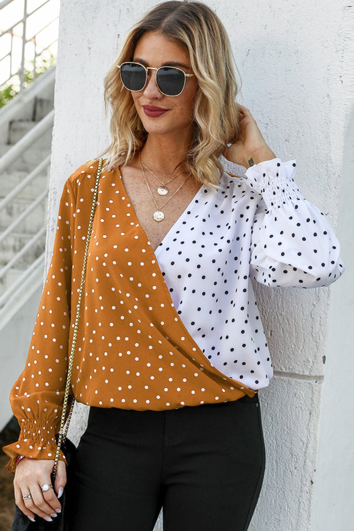 Ivy Lane Polka Dot Surplice Neck Lantern Sleeve Blouse in Tangerine
