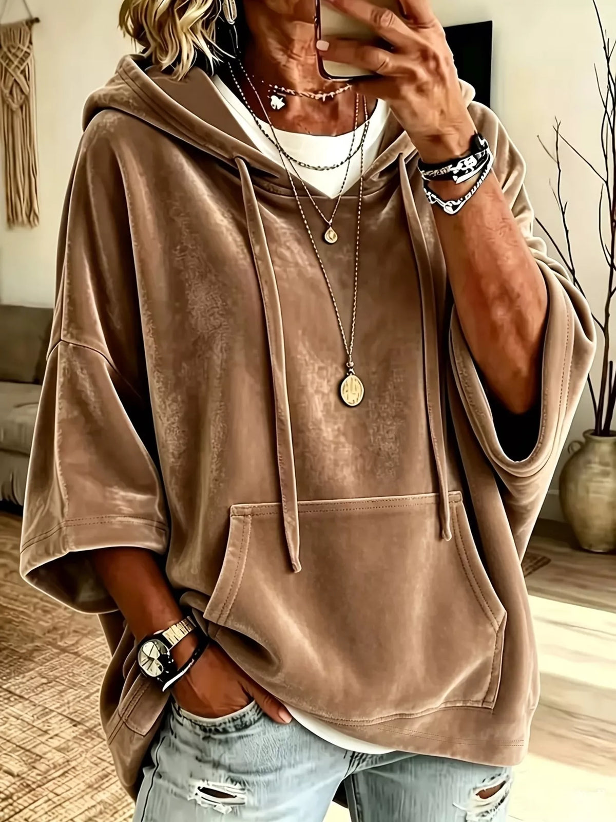 Full Size Velvet 3/4 Sleeve Hoodie with Kangaroo Pocket Plus Size - Lilixa.store