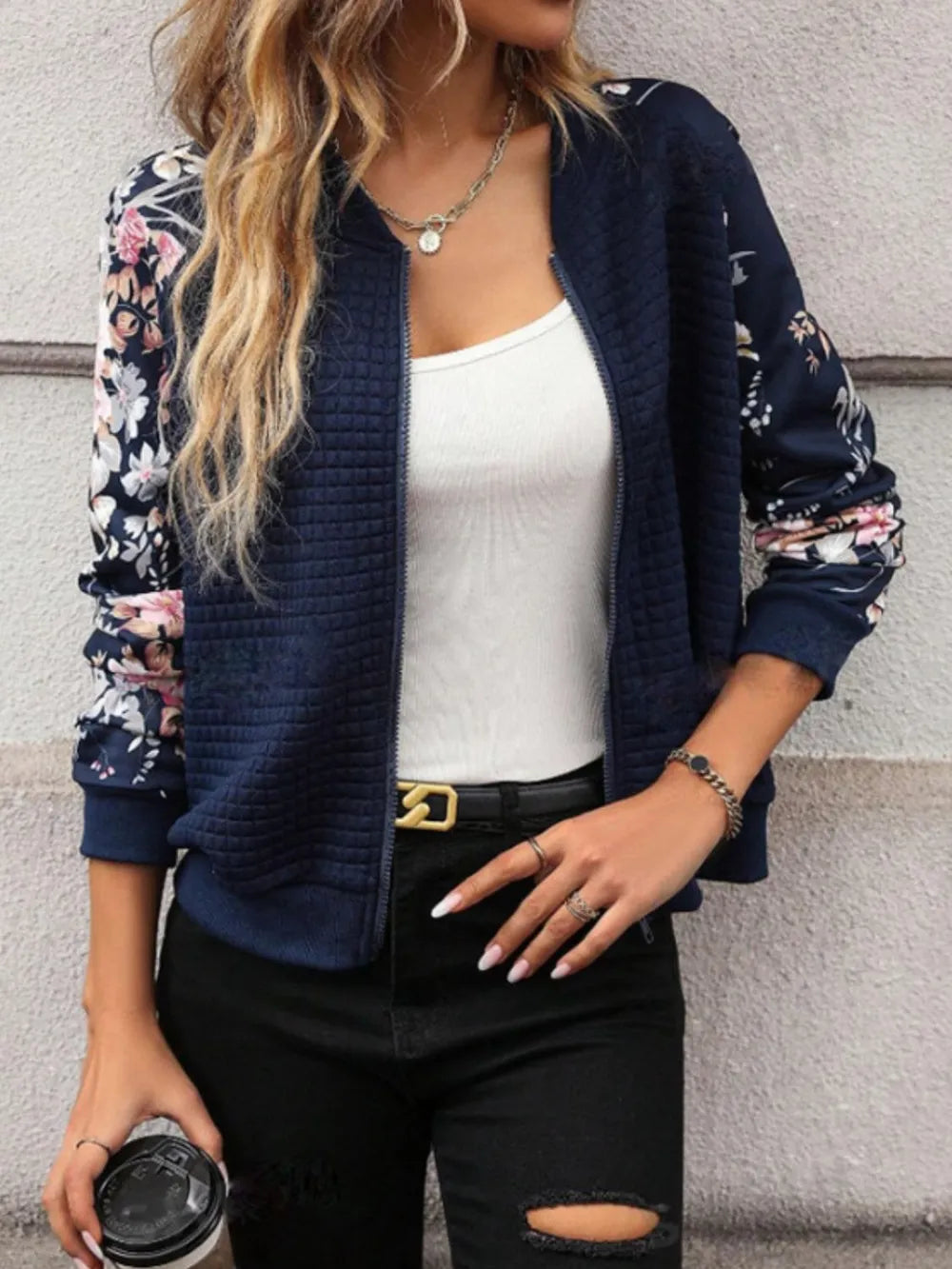 Printed Zip Up Long Sleeve Jacket in Navy, view 4