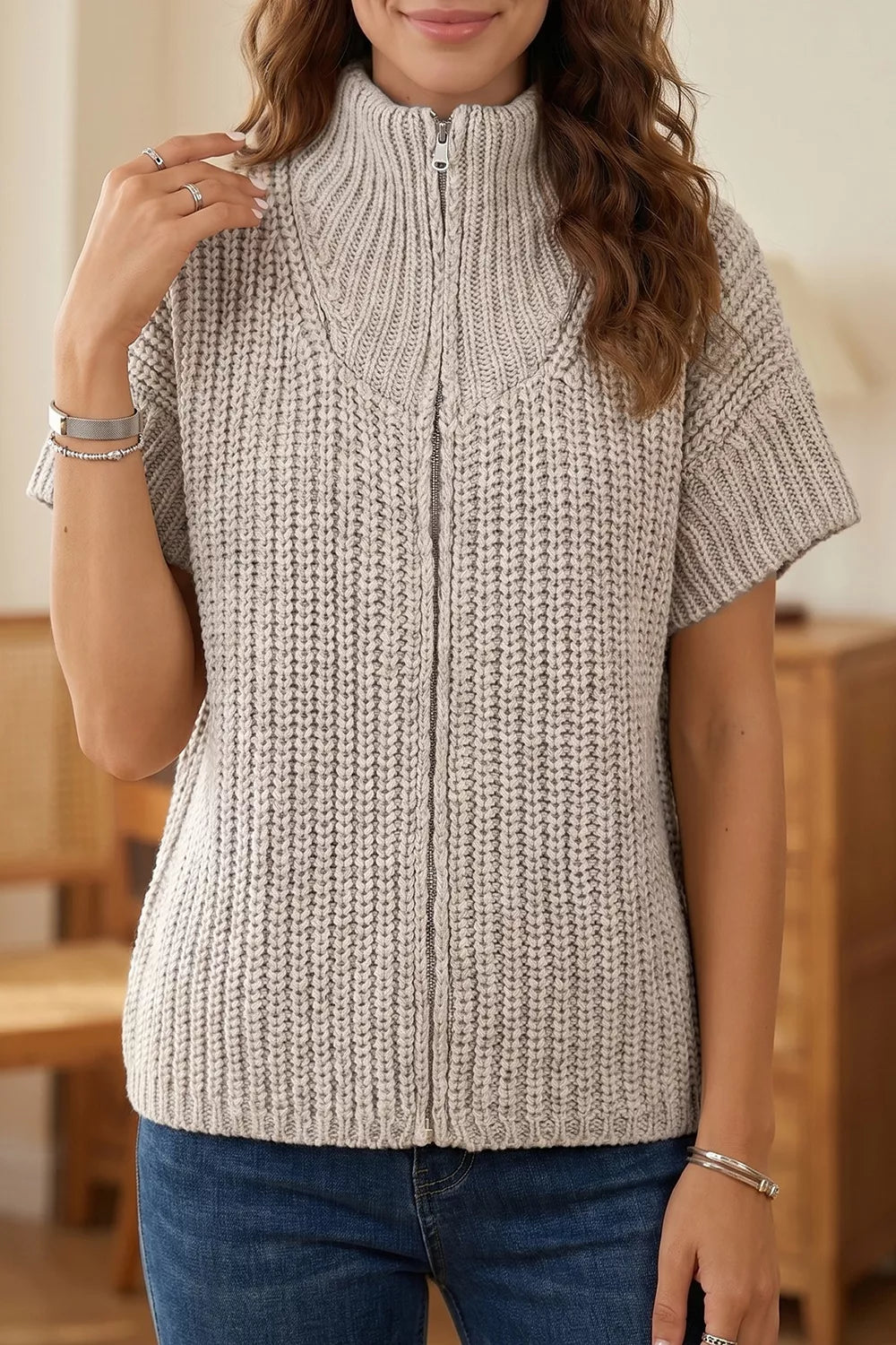 Solid Color Short Sleeve Zipper Knit High Neck Sweater