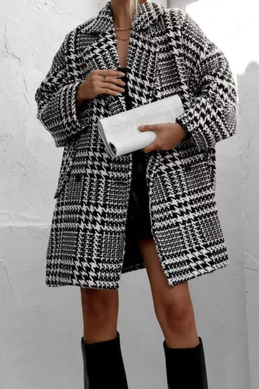 Houndstooth Collared Neck Long Sleeve Coat with Pockets, view 6
