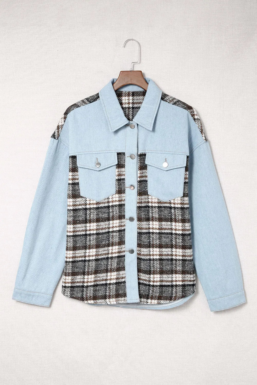 Plaid Pocketed Button Up Denim Jacket - Lilixa.store