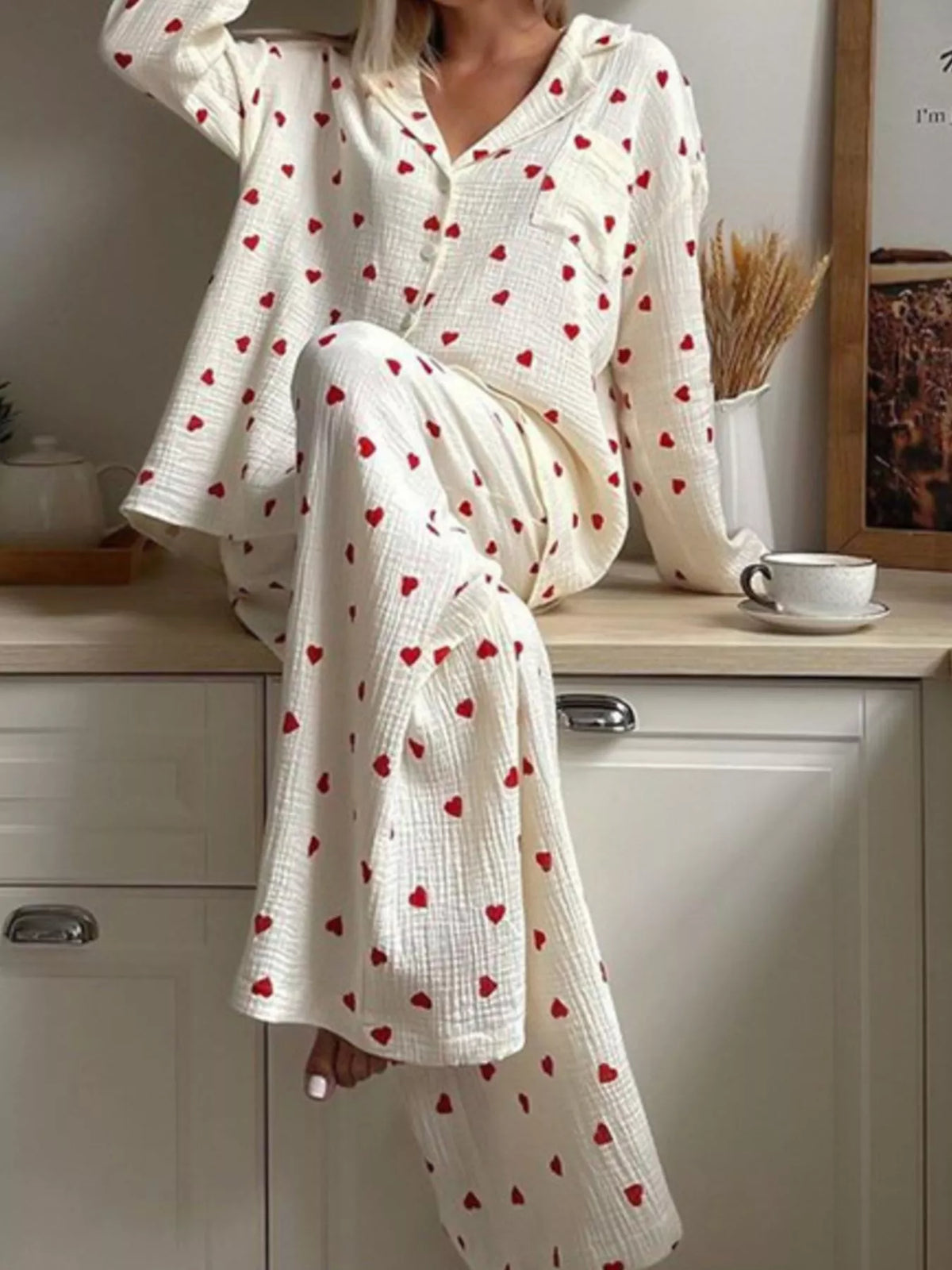 Heart Print Button Up Top and Pants Lounge Set - Lilixa.store