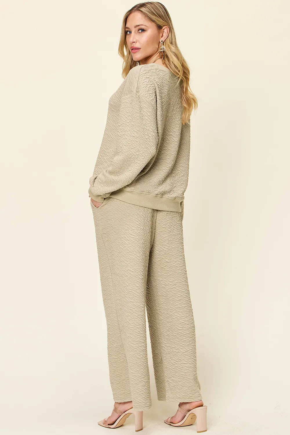 Double Take Full Size Texture Long Sleeve Top and Pants Set, view 6