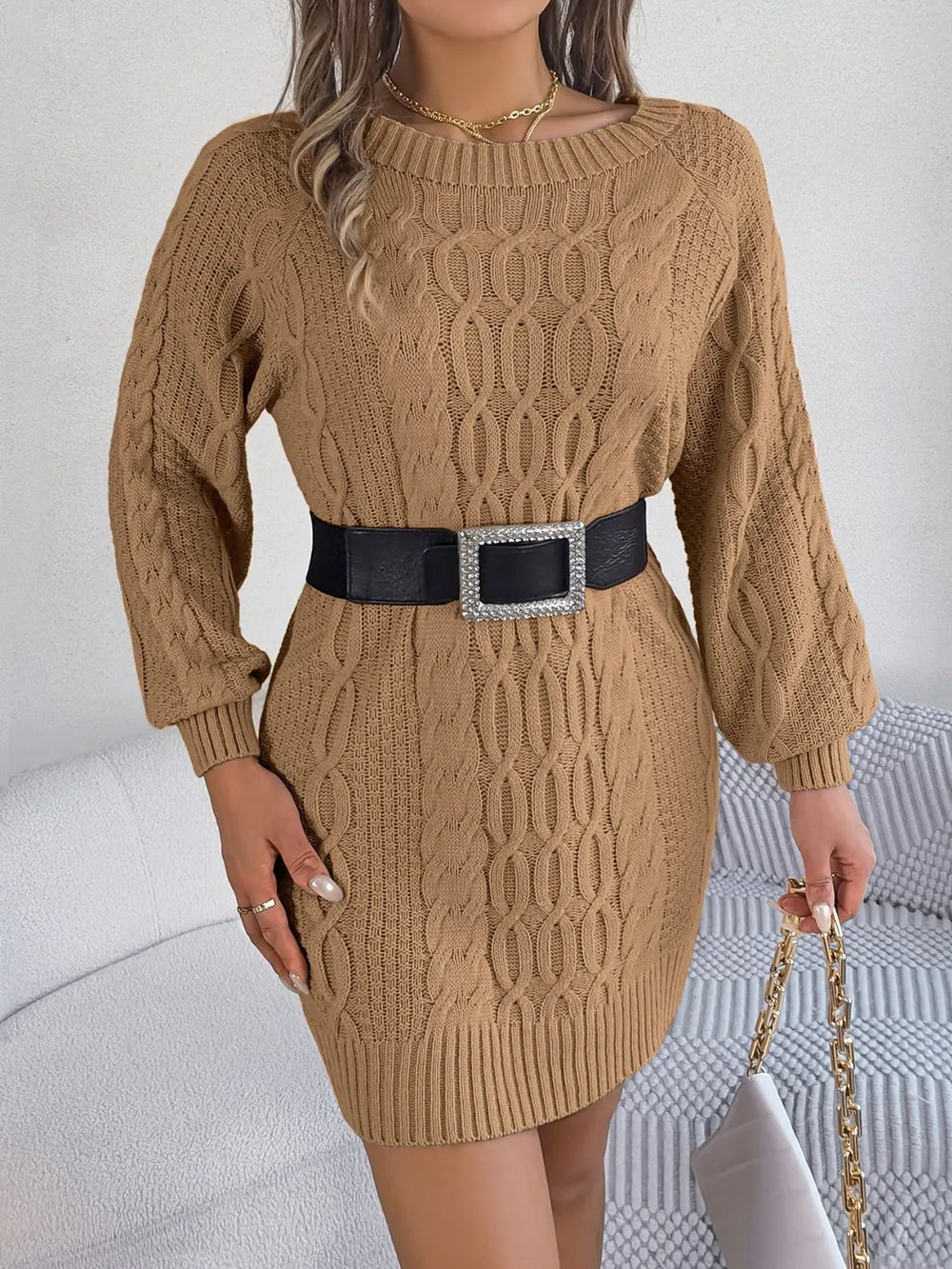 Cable-Knit Round Neck Sweater Dress in Camel