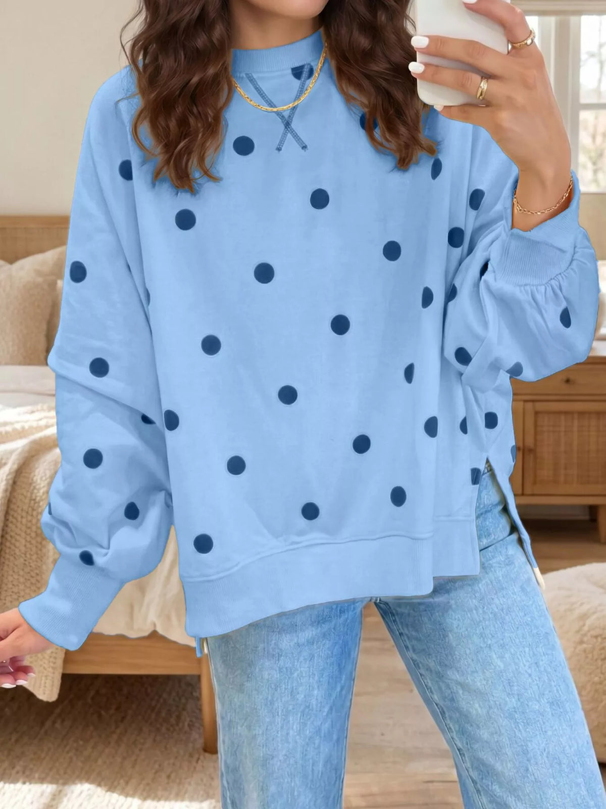 Side Slit Polka Dot Oversized Sweatshirt - Lilixa.store