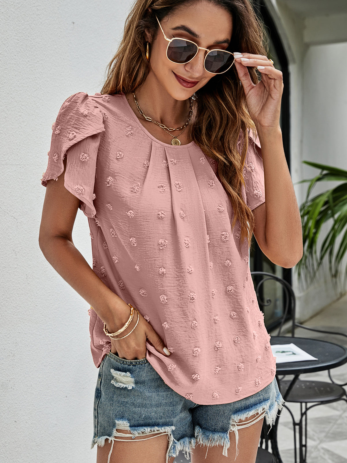 Swiss Dot Round Neck Petal Sleeve Top, view 13