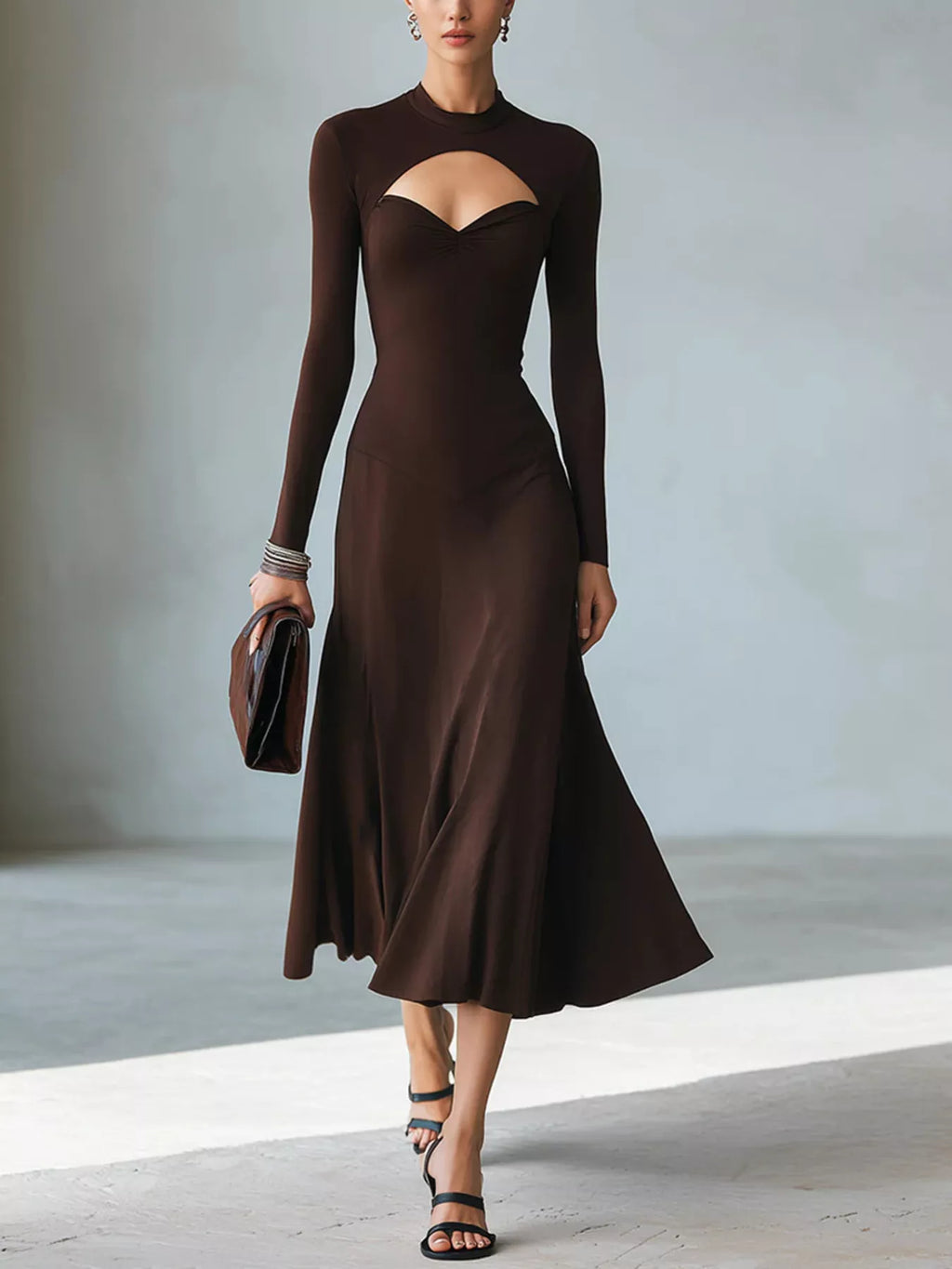 Full Size Mock Neck Cut-Out Long Sleeve Midi Dress Plus Size - Lilixa.store