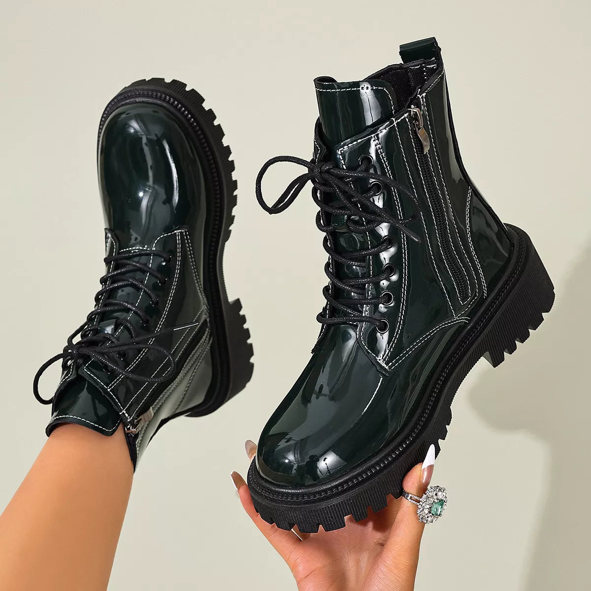 Lace Up Block Heels Boots