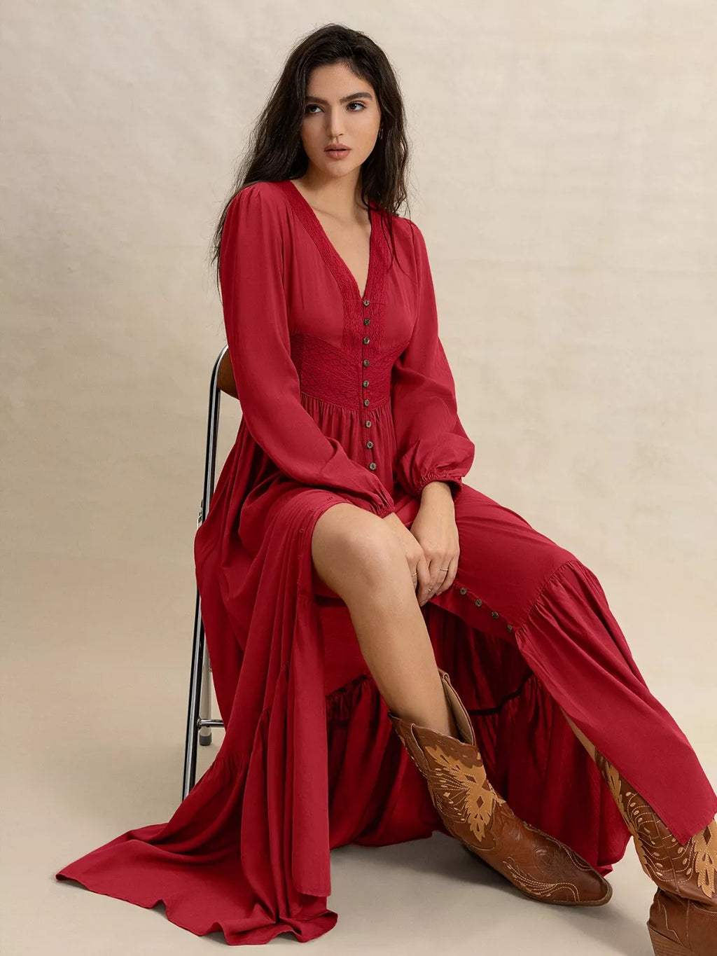 V-Neck Balloon Sleeve Ruffled Hem Maxi Dress - Lilixa.store