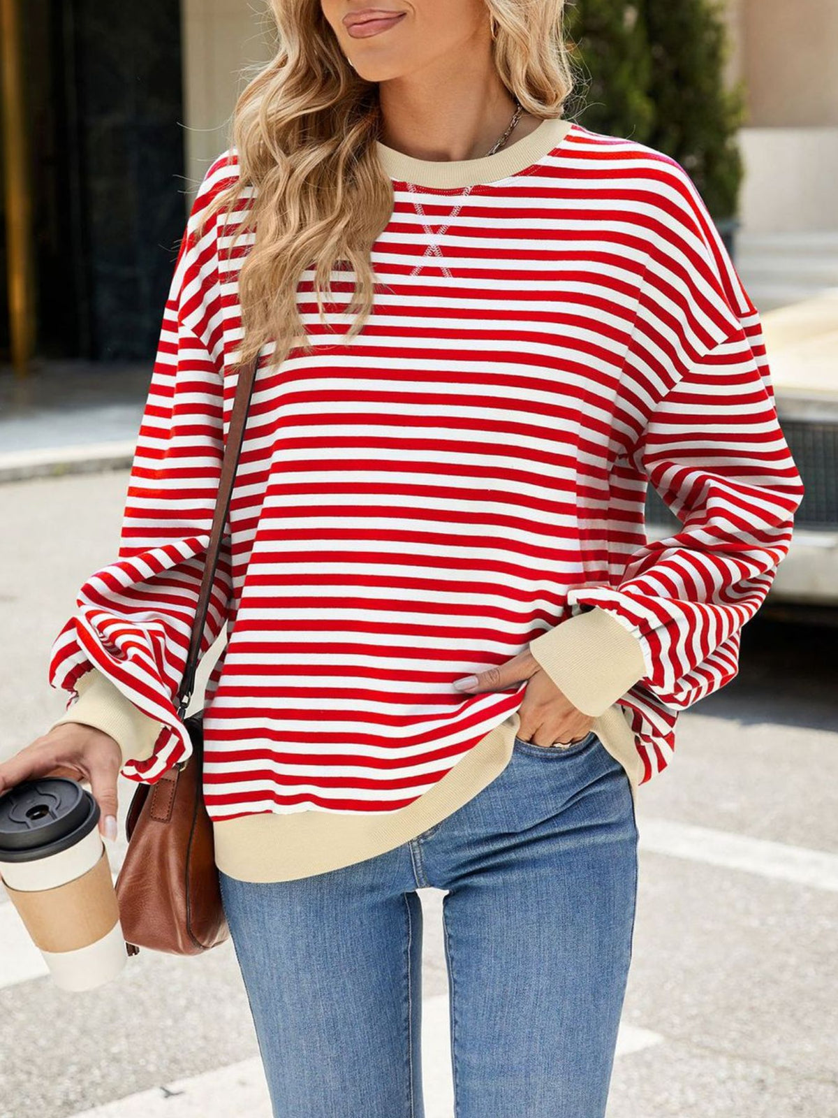 Striped Crew Neck Long Sleeve Sweatshirt, view 14