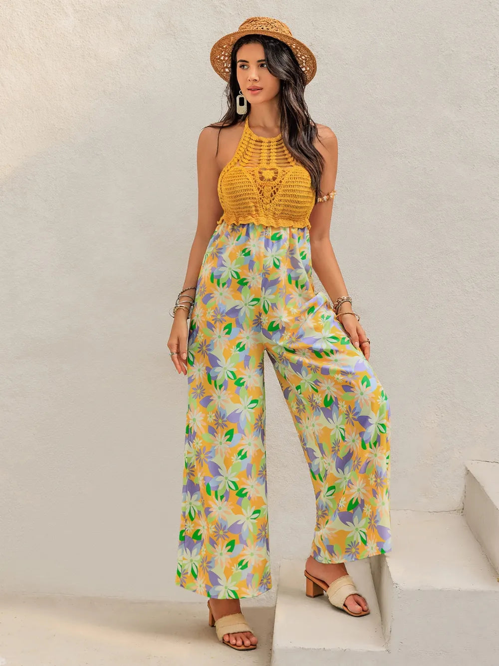 Openwork Halter Neck Floral Wide Leg Jumpsuit - Lilixa.store