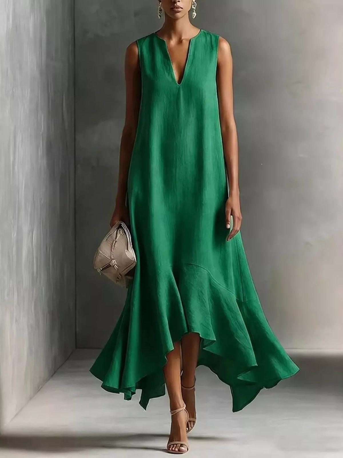 Ruffled Hem Sleeveless Notched Dress