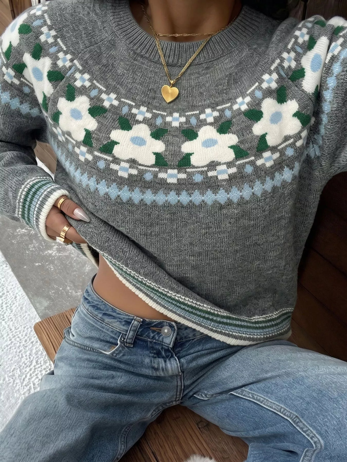 Floral Pattern Round Neck Sweater