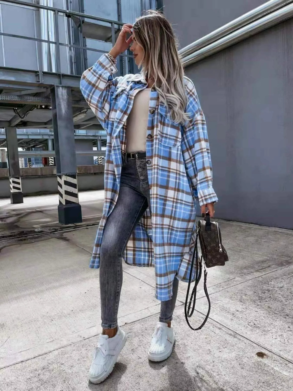 Plaid Button Up Longline Shacket, view 8