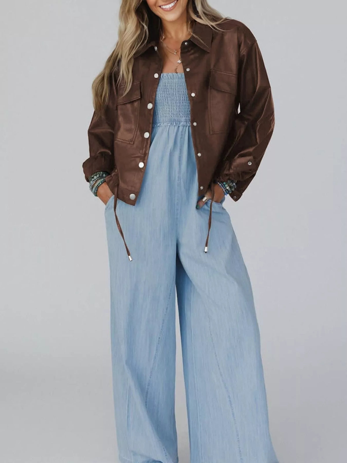 Double Flap Pocket Drawstring Hem Leather Jacket in Dark Brown, view 5