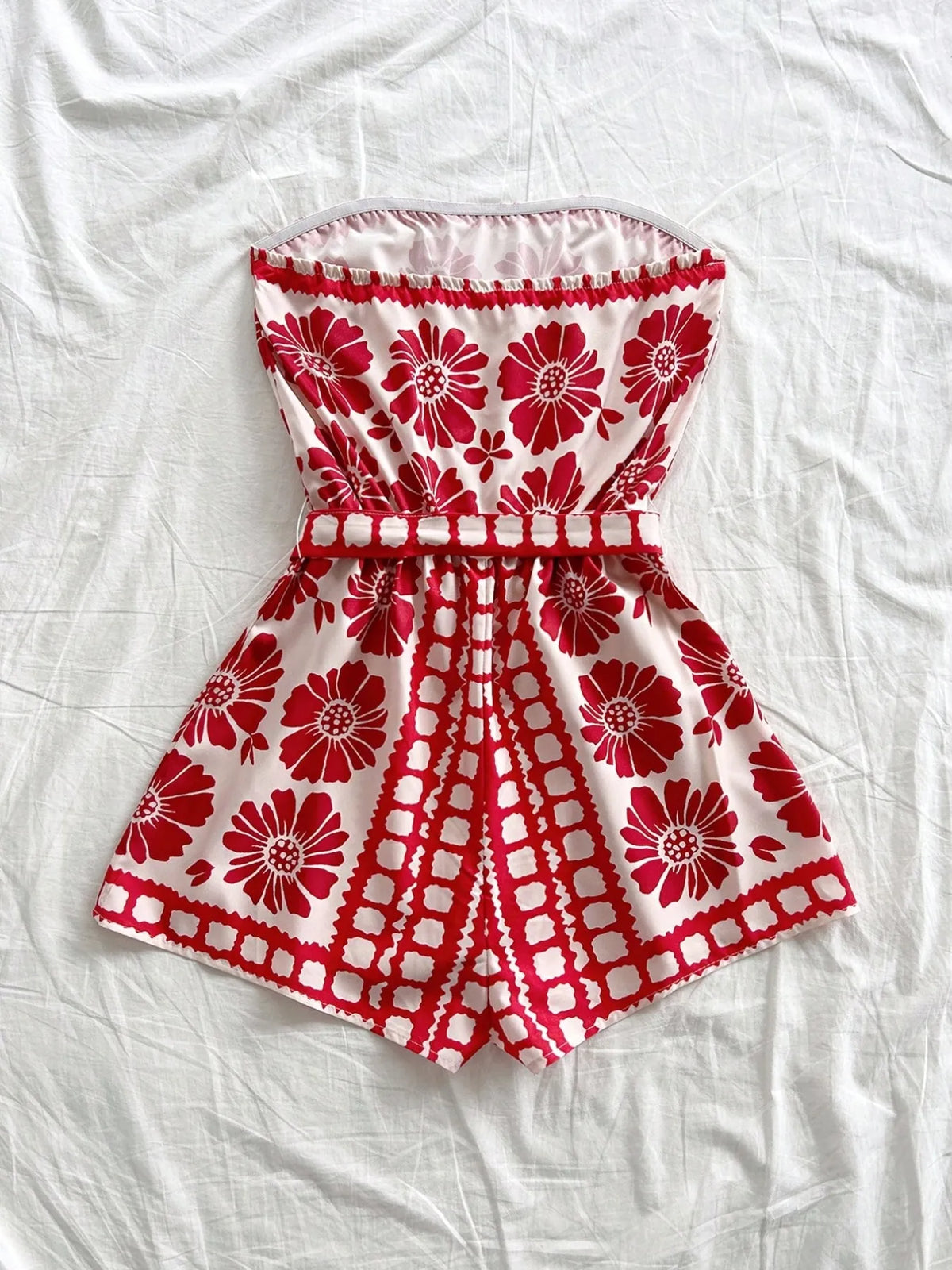 Printed Tube Tie Waist Romper - Lilixa.store