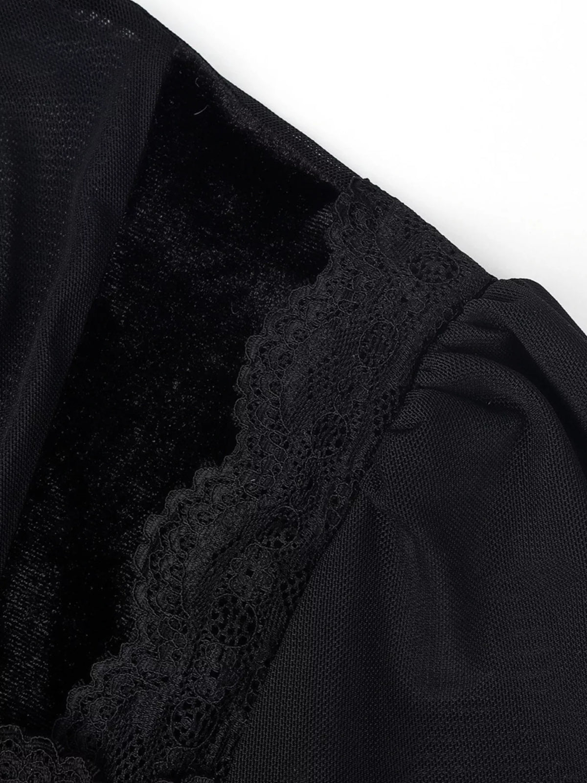 Lace Trim Velvet Sheer Sleeve Blouse - Lilixa.store