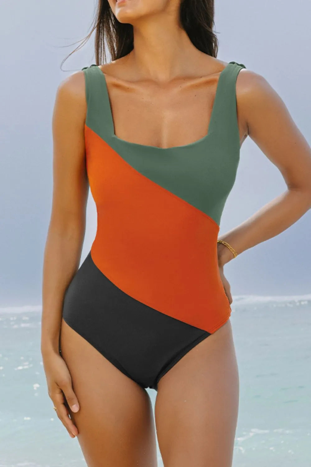 Color Block Padded Square Neck One Piece Swimsuit - Lilixa.store