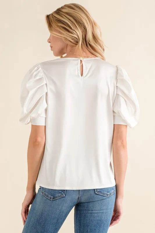 And The Why Plain Satin Puff Shirring V Neck Blouse Top in White, view 3