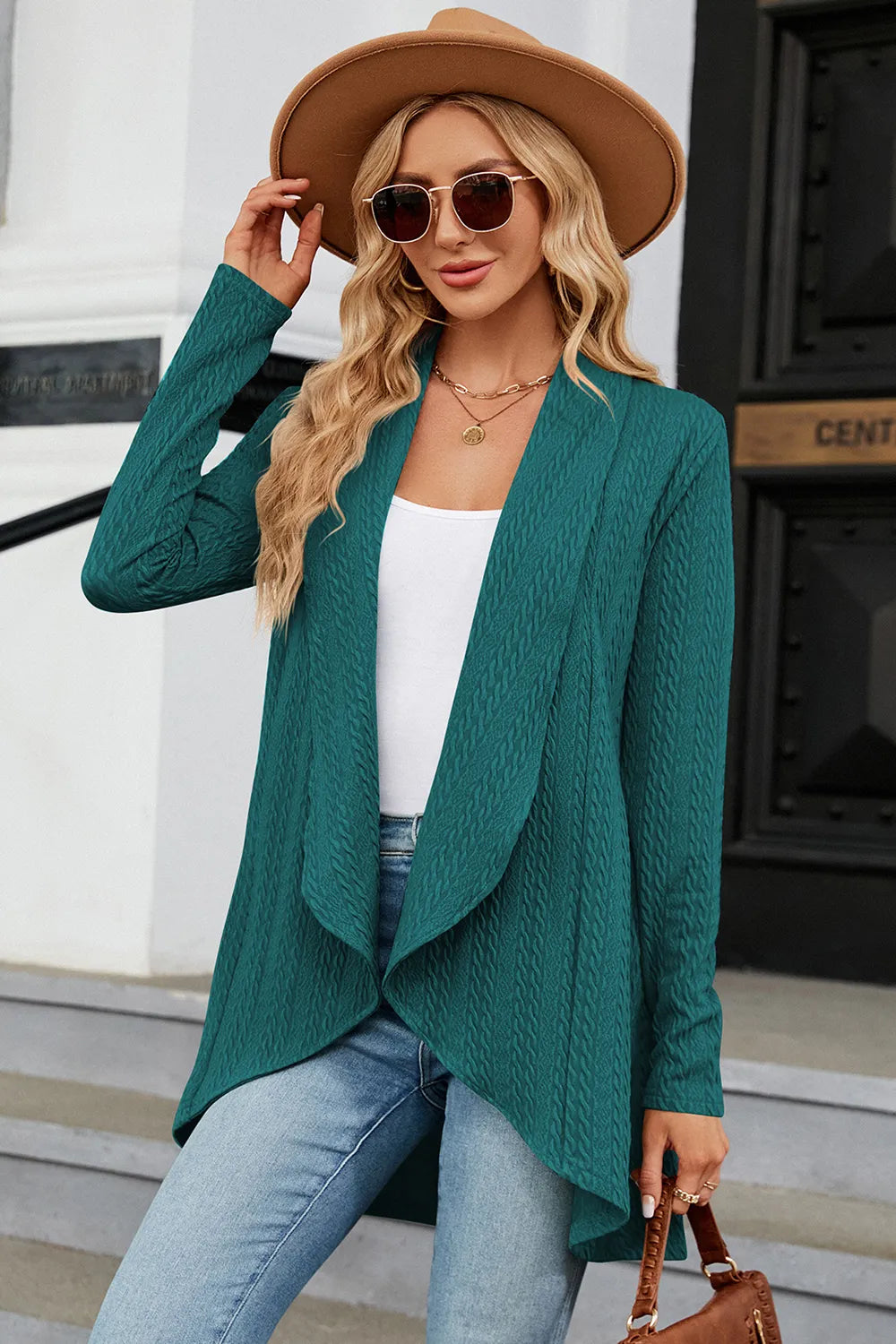 Open Front Long Sleeve Cardigan in Turquoise