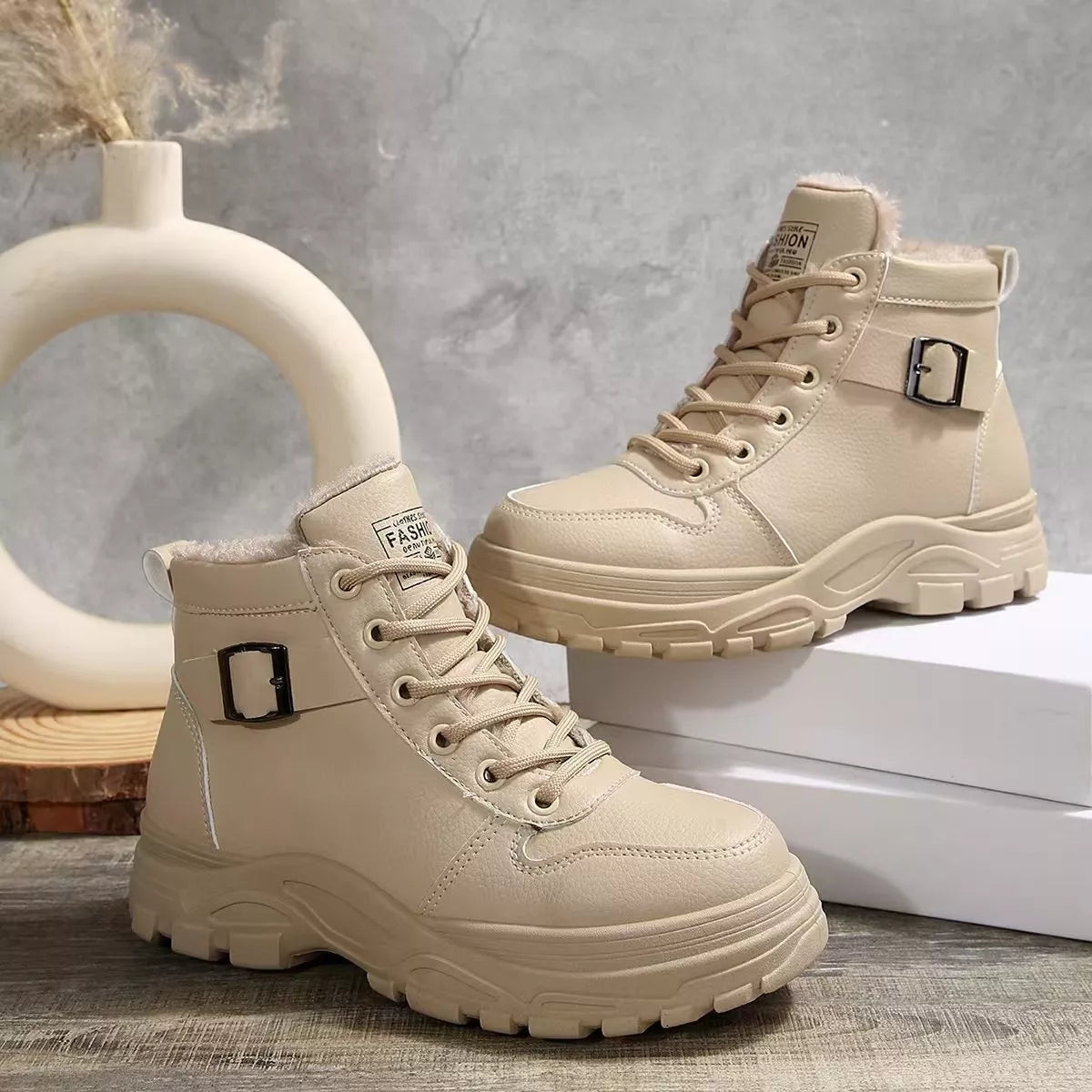 Lace-Up Ankle Boots with Buckle Detail
