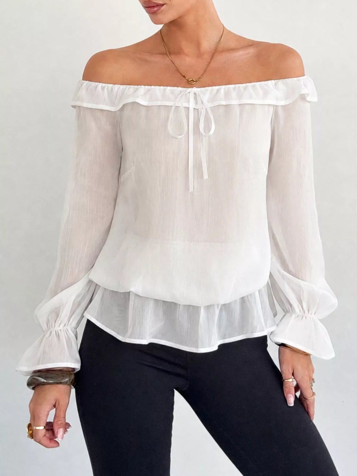Off-Shoulder Flounce Sleeve Chiffon Blouse - Lilixa.store