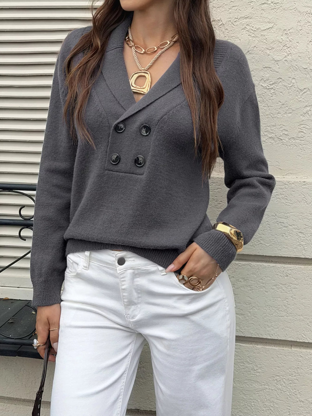Double-Breasted Shawl Collar Sweater - Lilixa.store