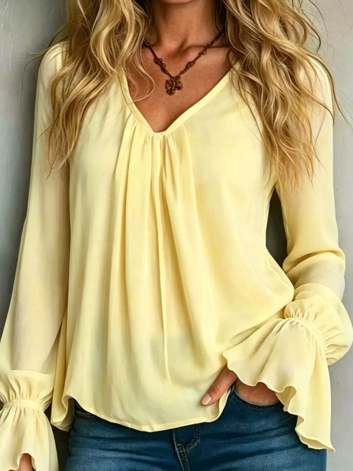 V-Neck Flounce Sleeve Blouse