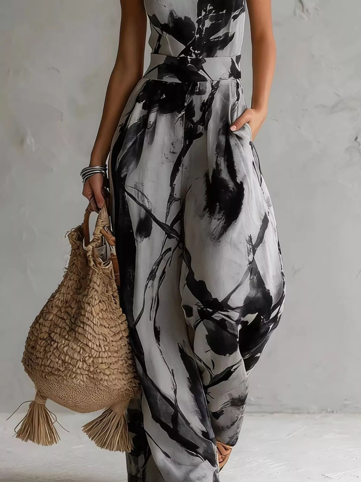 Ink Wash Print Halter Neck Wide-Leg Jumpsuit