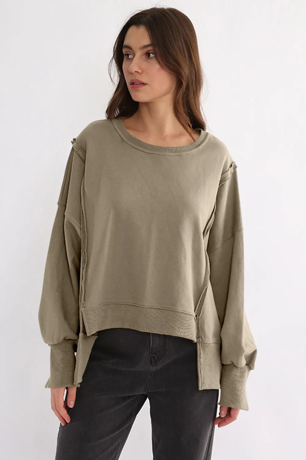 Exposed Seam High-Low Long Sleeve Sweatshirt - Lilixa.store