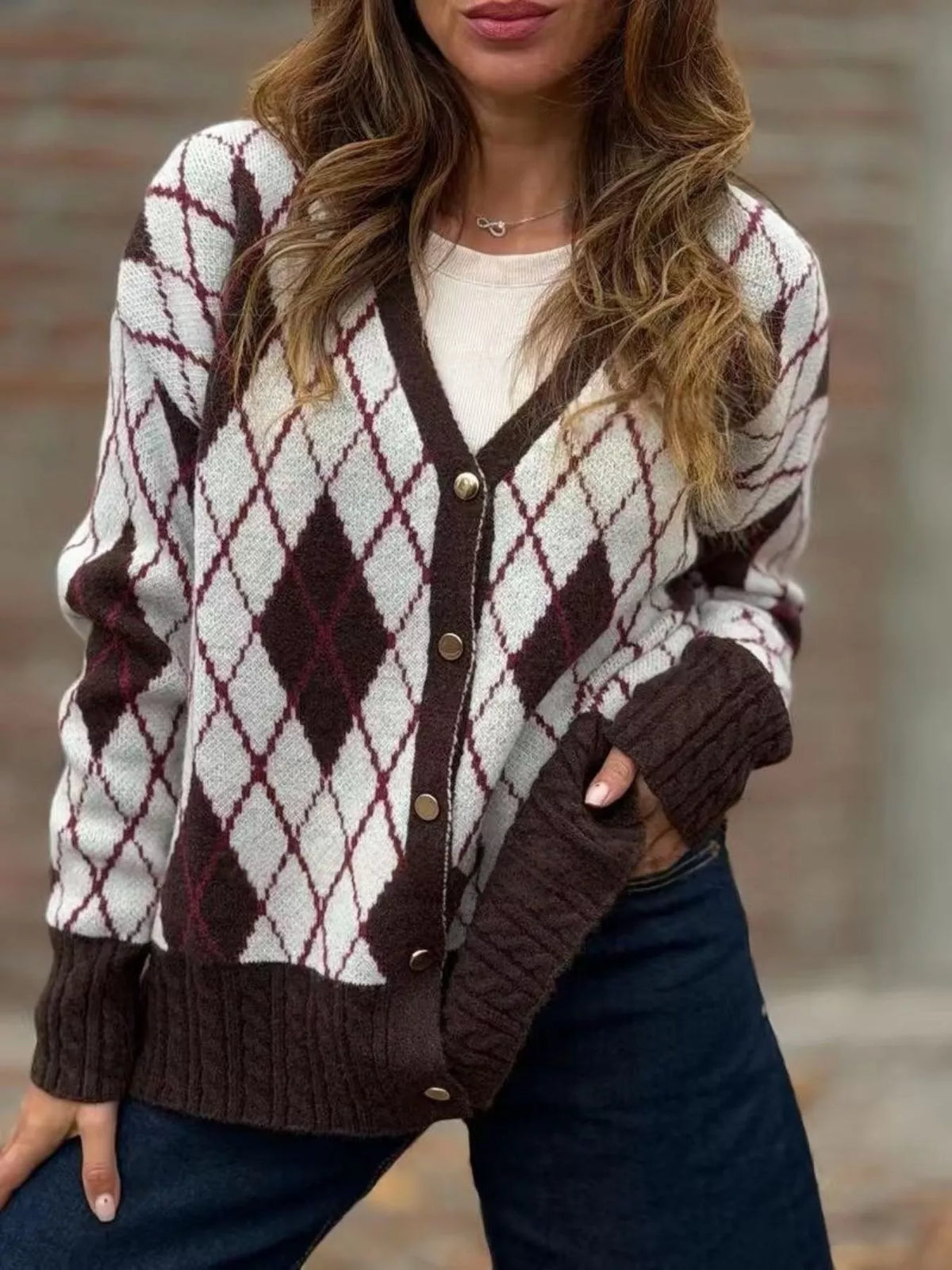 Full Size Argyle Pattern V-Neck Button-Down Knit Cardigan Plus Size - Lilixa.store