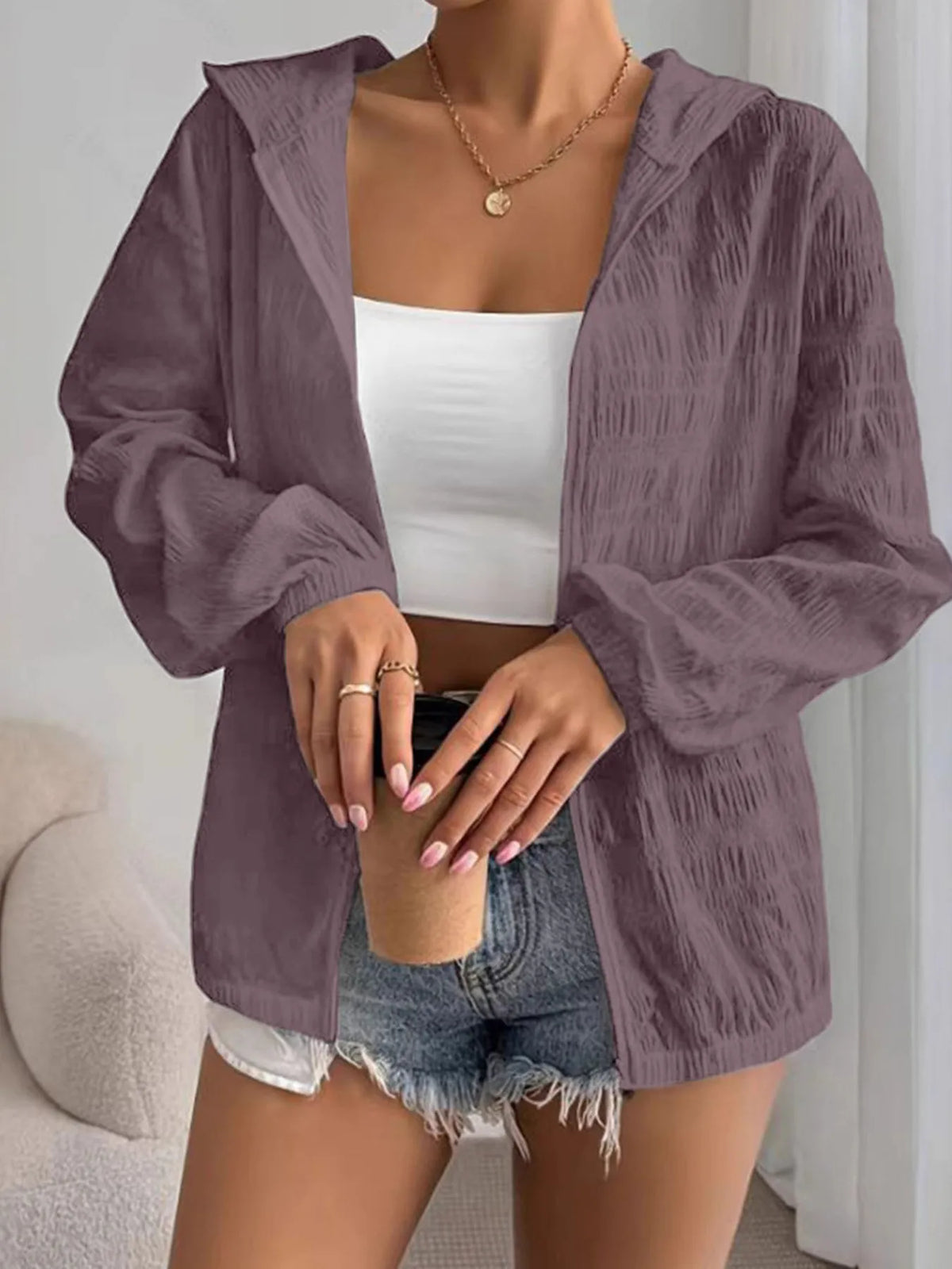 Zip Up Long Sleeve Hooded Outerwear in Light Purple