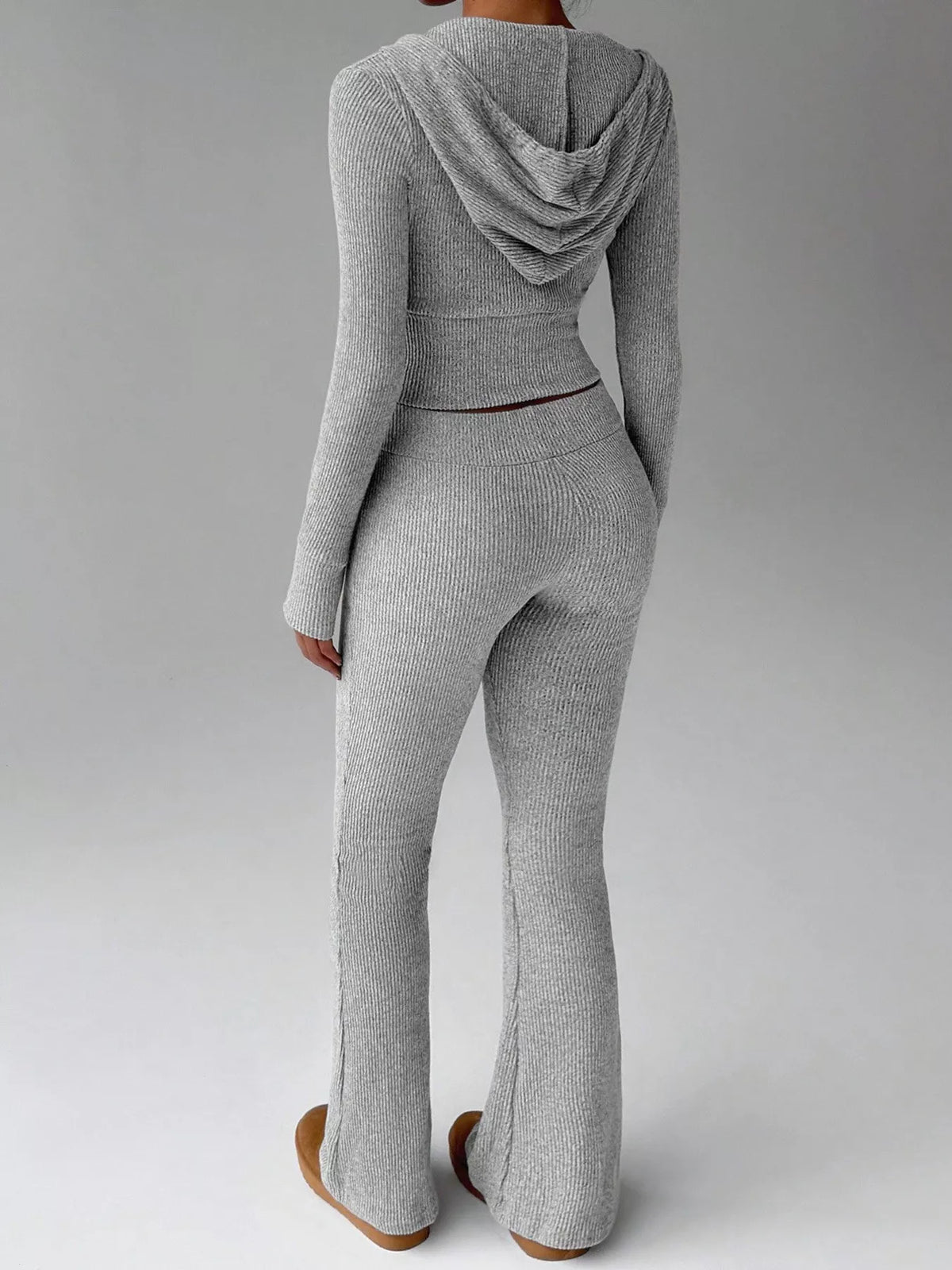 Ribbed Knit Zip-Up Hooded Top and Flared Pants Set