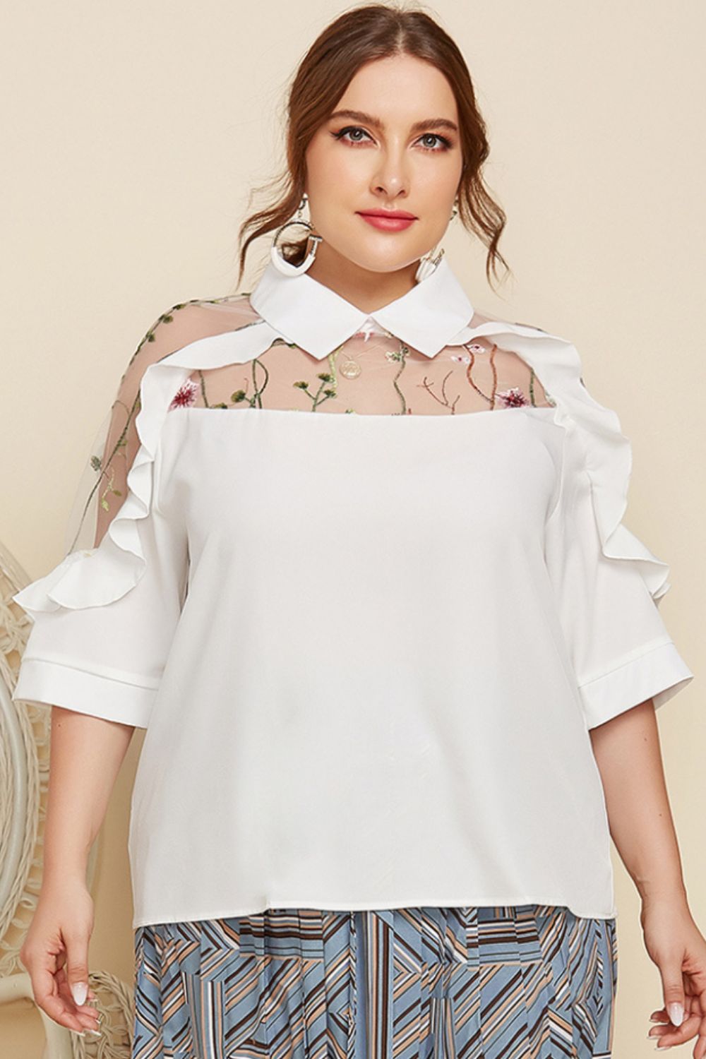 Plus Size Embroidered Ruffle Trim Collared Half Sleeve Blouse in White