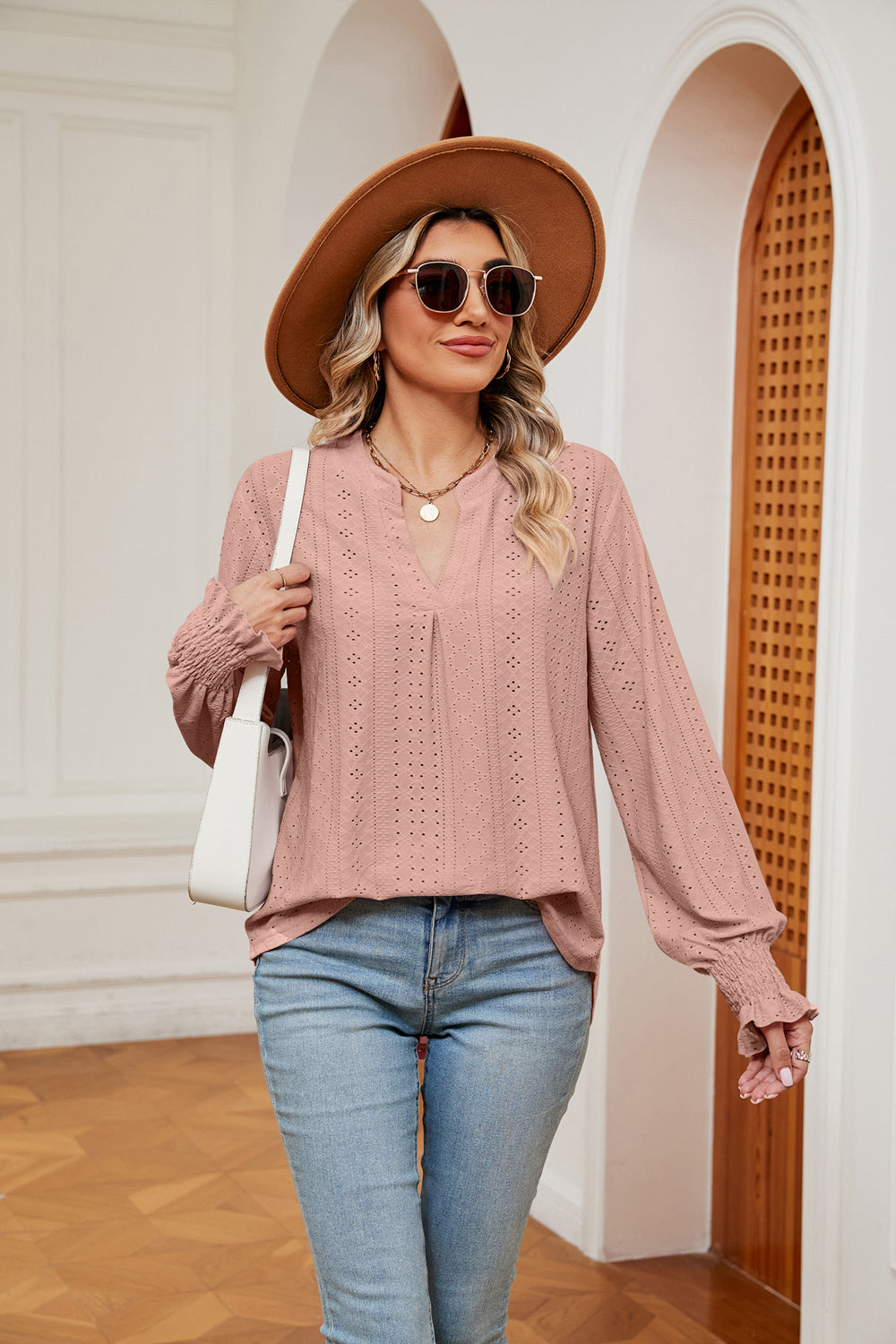 Notched Neck Flounce Sleeve Blouse in Light Mauve