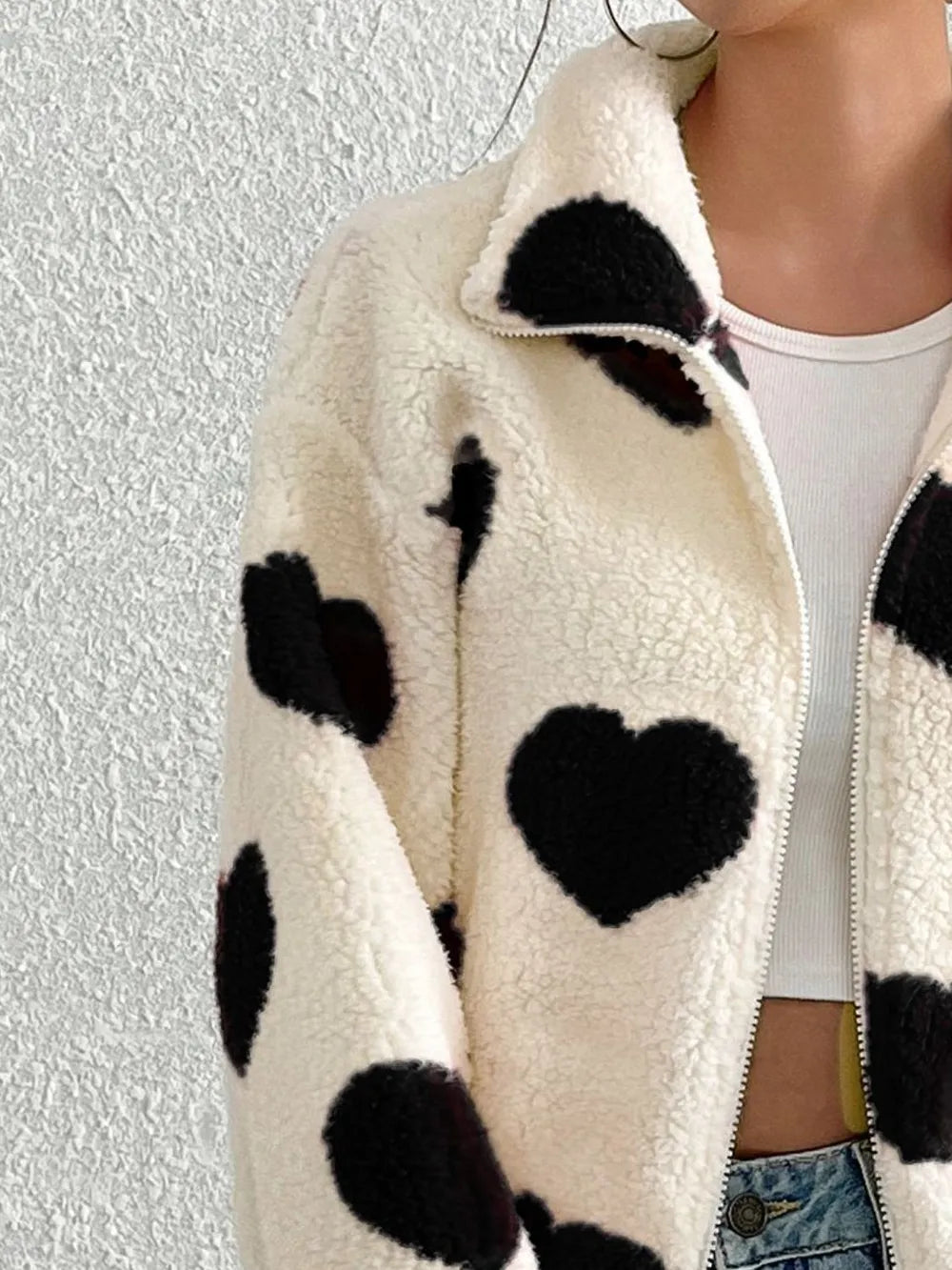 Heart Zip Up Drop Shoulder Furry Jacket, view 7