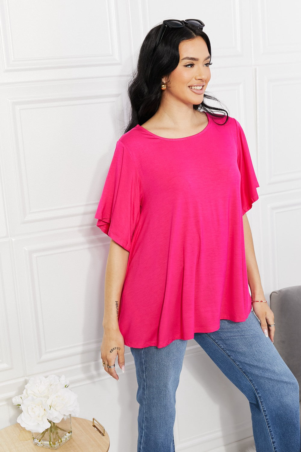 Yelete Full Size More Than Words Flutter Sleeve Top in Hot Pink, view 3