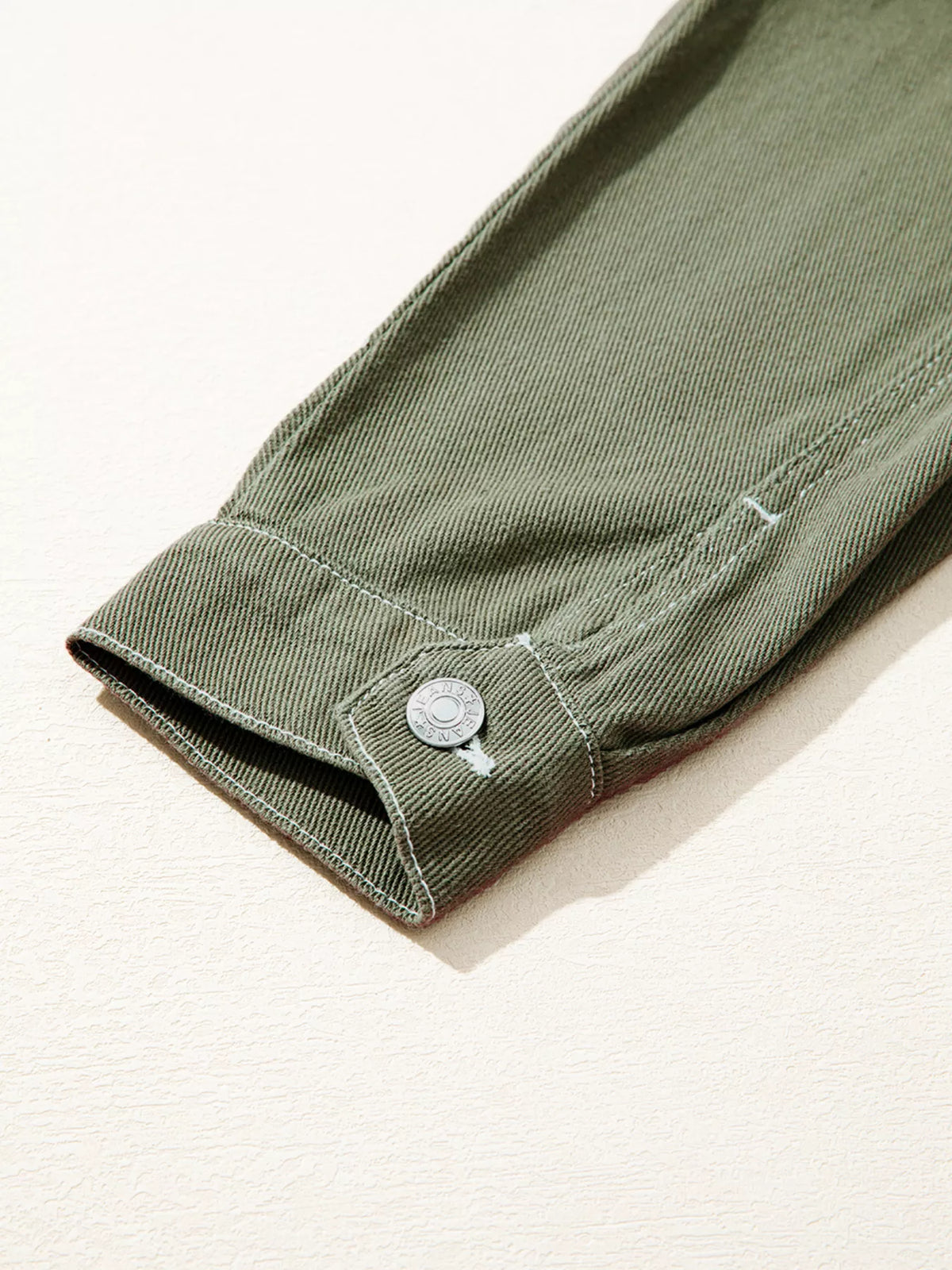Patched Pocket Collared Button Front Boyfriend Denim Jacket in Moss, view 11