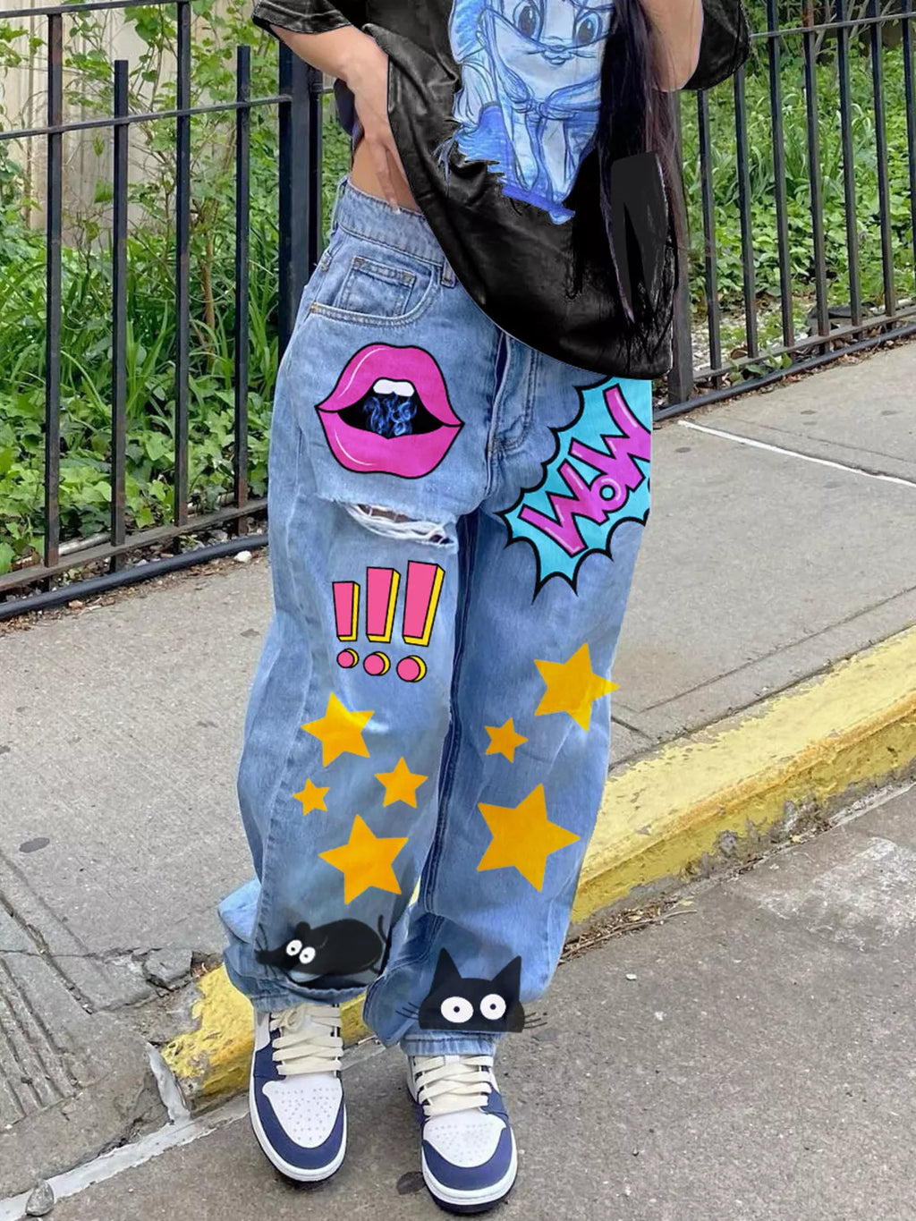 Full Size Pop Art Print Loose Fit Jeans Plus Size - Lilixa.store