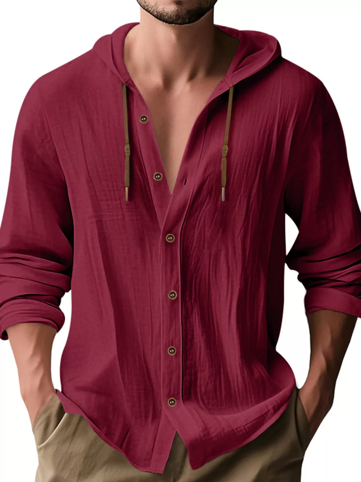 Men's Full Size Drawstring Button Up Hooded Shirt Plus Size - Lilixa.store