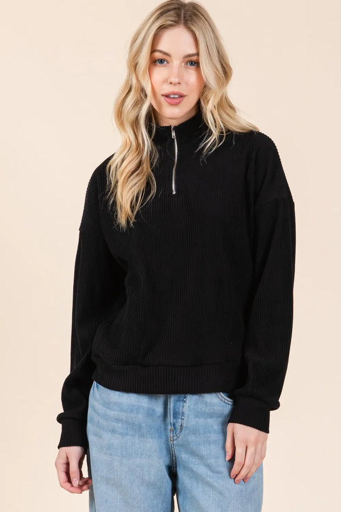 BOMBOM Quarter Zip Long Sleeve Sweatshirt with Pockets - Lilixa.store