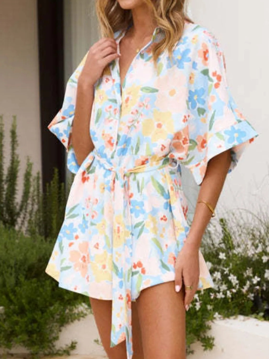 Printed Half Sleeve Tie Waist Romper - Lilixa.store