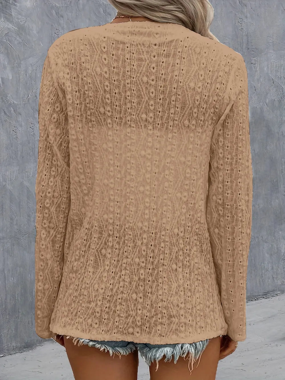 Eyelet Roll-Tab Sleeve Cardigan - Lilixa.store