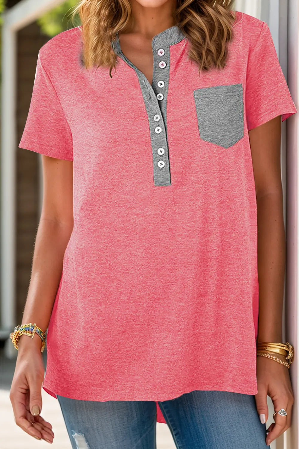 Full Size Half Button Short Sleeve T-Shirt - Lilixa.store