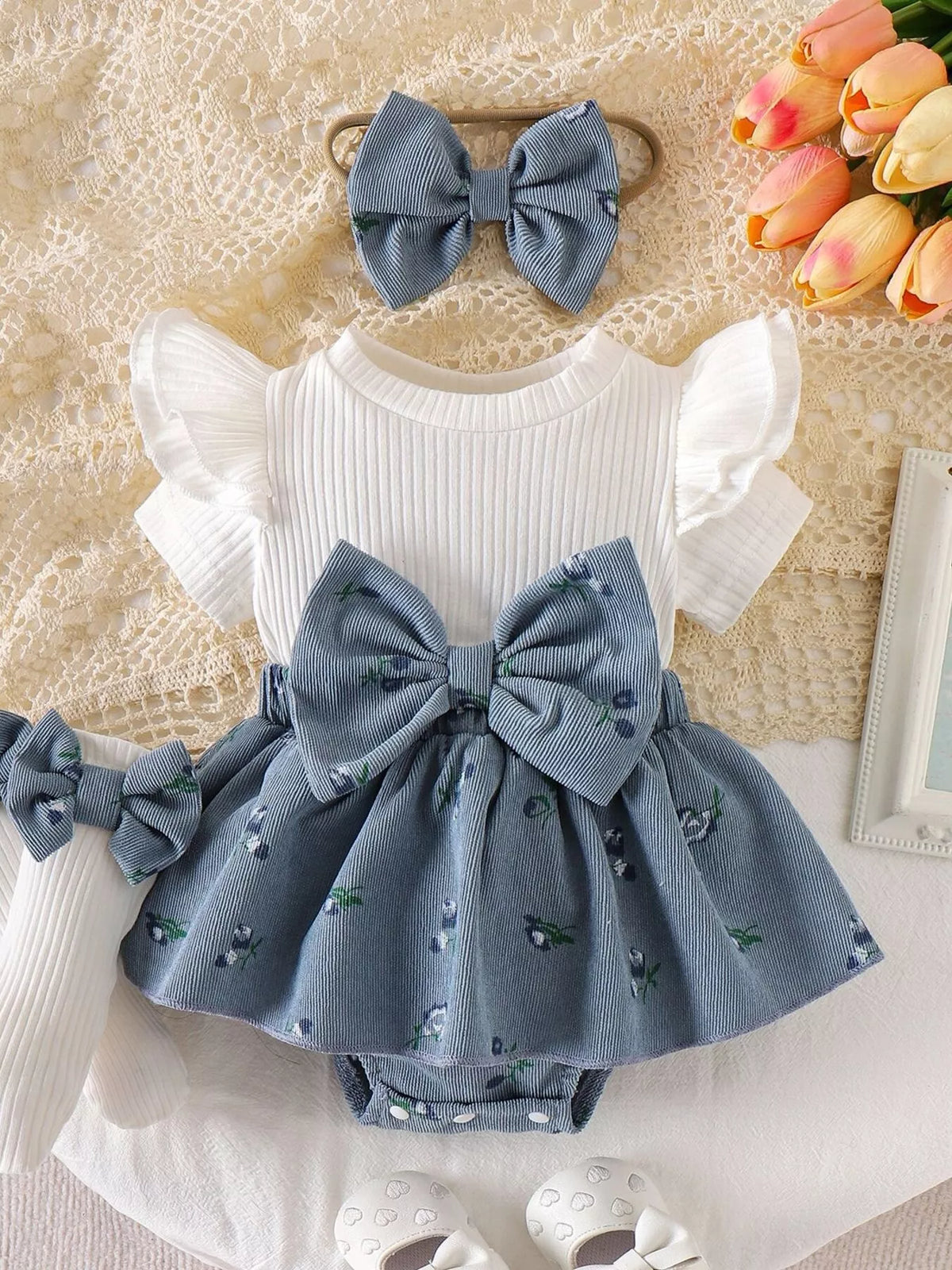 Children's Bow Ribbed Knit Dress & Headband & Socks Set - Lilixa.store