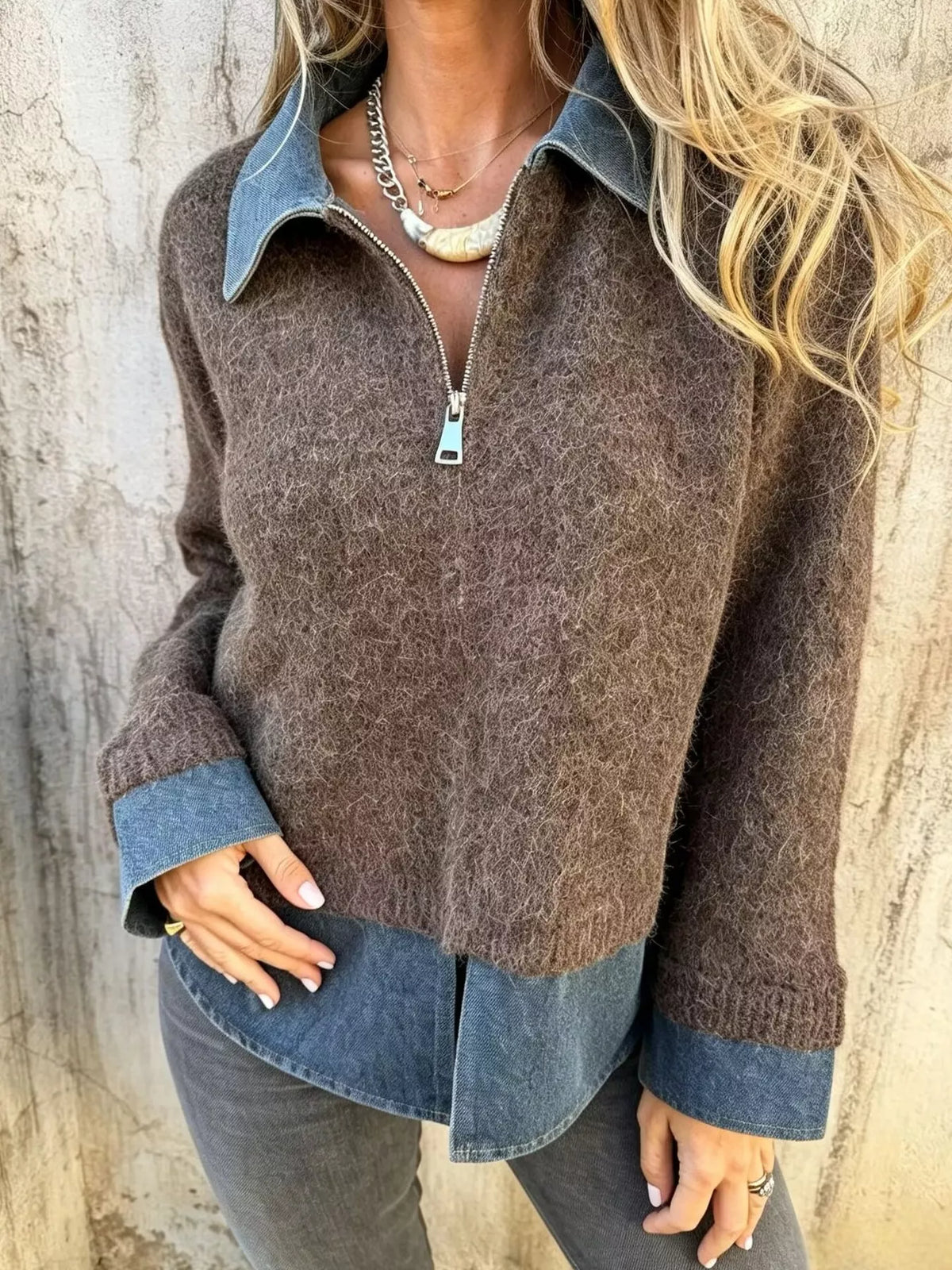 Contrast Denim Collar Half-Zip Knit Sweater - Lilixa.store